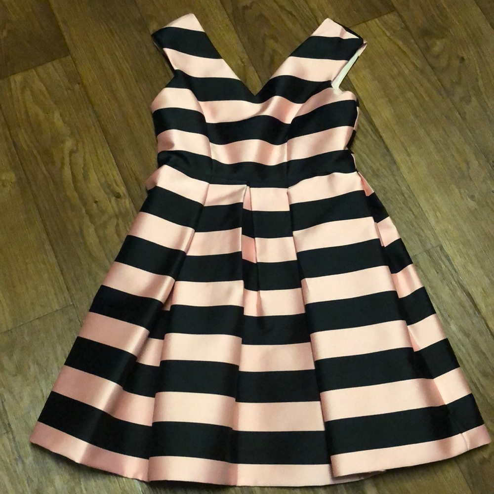 Fit and flare dress in pale rose and navy.